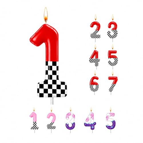 MTLEE Racing Car Themed Birthday Candle Number 1 Red and Checkered Candle Party Decoration Cake Topper for Race Car Party Supplies