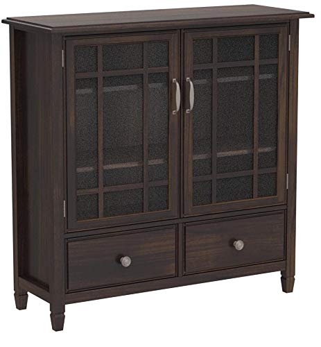 Simpli Home Connaught SOLID WOOD 46 inch Wide Traditional Tall Storage Cabinet in Dark Chestnut Brown, with 2 Tempered Glass Doors that open to a Cabinet with 4 Adjustable Shelves an two Deep Drawers - Thumbnail 2
