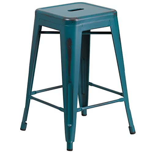 Flash Furniture Commercial Grade 4 Pack 24" High Backless Distressed Kelly Blue-Teal Metal Indoor-Outdoor Counter Height Stool #TOP7