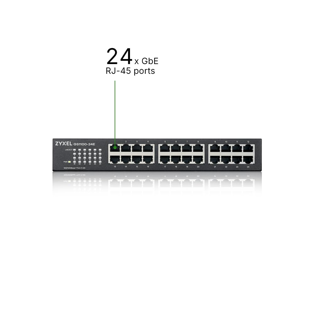 ZyXEL GS1100-24E Conmutador de red no administrado Gigabit Ethernet (10/100/1000) Negro switch - Switch de red (No administrado, Gigabit Ethernet (10/100/1000)) | 24 puertos GbE, sin ventilador, kit de montaje en rack incluido, puertos SFP duales, soporte