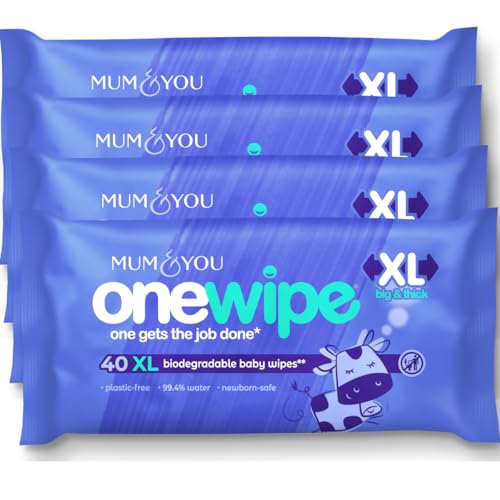 Mum & You Onewipe Baby Wipes Multipack, 100% Biodegradable Wet Wipes (4 Packs=160 wipes), 99.4% Water| Ideal for Sensitive Newborn Skin, 30% XL Wet Wipes Adults, Eco-Friendly Wipes for newborn baby