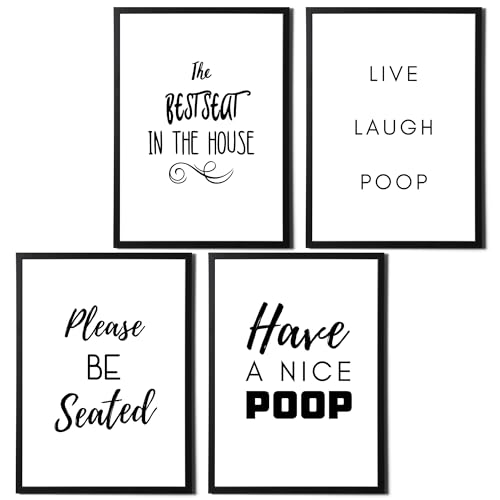 State Media Vision Juego de 4 divertidas citas y refranes de baño – Diseños minimalistas de inodoro para paredes de baño – Divertida decoración de pared – Variedad de tamaños (juego 5, A4 marco negro)