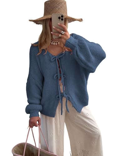 Image of SKIKYAN Women Bowtie Oversized Knit Sweater Cardigan Y2K Long Sleeve V Neck Open Front Casual Knitwears