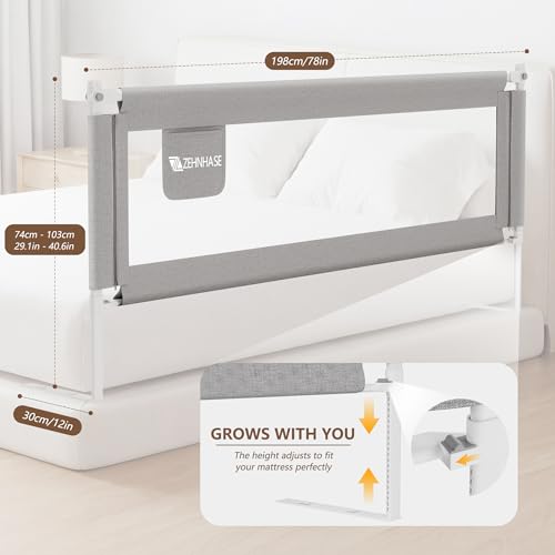 ZEHNHASE Bettgitter, Kinderbettgitter zum vertikalen Heben, Sicherheitsschutz, Bettgitter zum Schutz vor Stürzen für Kleinkinder, Babys und Kinder (Grau, 200cm,1Seite)