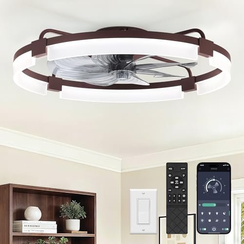 Image of LEDIARY 24 inch Ceiling Fans with Lights and Remote, Modern Low Profile Ceiling Fan, 3 CCT, Stepless Dimmable, Fandelier Flush Mount Fan Light, 6 Speeds, DC Motor, App & Remote Control for Bedroom(Brown)