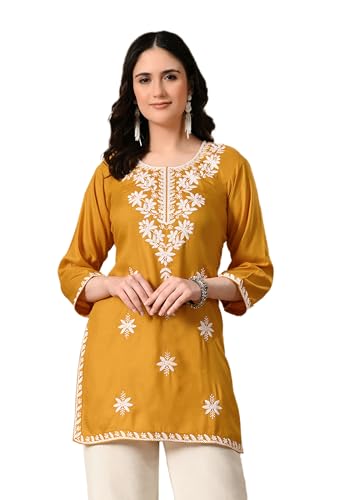 Image of LIBOZA Women's Chikankari Embroidered Short Kurti, Rayon Fabric, Three-Quarter Sleeves, Available in Pink, Black, Mustard Yellow, White, Pista and Green