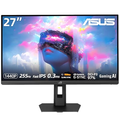 ASUS 27" QHD Gaming Monitor, 2560 x 1440 Fast IPS Display, 255Hz, 0.3ms (min.), AI-Powered GamePlus, ELMB Sync, G-SYNC Compatible, HDR400, USB-C with DP Alt Mode, Full Ergonomic Stand