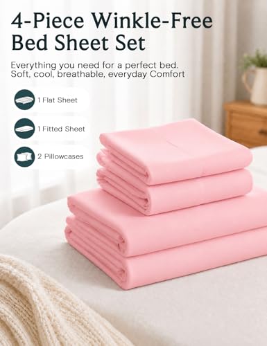 Image of LuxClub King Size Sheets Set, Deep Pocket King Bed Sheets 4PC, Cooling Sheets King Size Breathable, Soft Hotel Luxury Bedding Wrinkle Free, Silky Fitted Sheet & Pillowcase Sets, Baby Pink