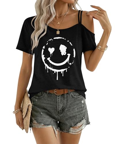 PLMOKEN Asymmetrisches One Shoulder Oberteil Damen Sommer Tshirt Lockere Casual Bluse Schulterfreies Kurzarm Tops Rundhals Tunika Trendig