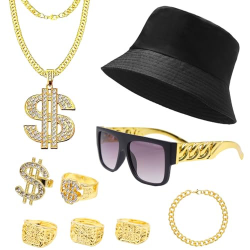 Zyluniy 9 Pièces Déguisement Rappeur, Kit de Costume Hip Hop avec Chaine, Chapeau or homme, Lunettes de Soleil, Accessoires de Rappeur pour Carnaval et Fête...