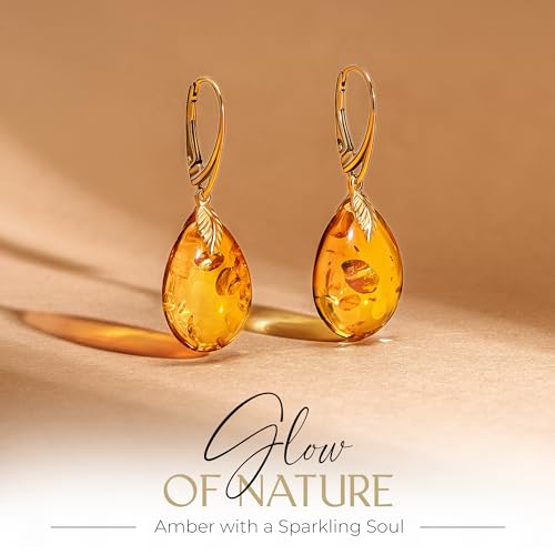 Leverback Amber Earrings for Women - Gold Plated Silver Closure 925, Sparkling Polished Drop Amber, Lightweight Natural Semi Precious Stone, Dainty Jewelry for Ladies3