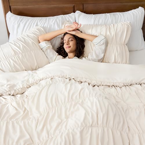 Image of Andency Ruched Beige Twin Size Comforter Sets, Shabby Chic Pleated Bedding Sets 2 Pieces, Lightweight Soft Boho Ruffle Bed Set for Girls, Kids, Women, All Season