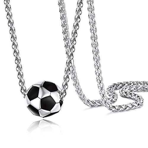 PROSTEEL 316L Stainless Steel 3D Football/Basketball/Volleyball/Baseball/Rugby Ball Cool Necklaces for Men, Sports Players Favors Jewelry, 22inch, Come with Box 6. Soccer-Silver