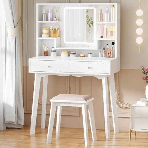 ANWBROAD Juego de Mesa de tocador de Maquillaje con Espejo Iluminado LED, 3 Colores de iluminación, Ajustables, 5 estantes de Almacenamiento, Taburete Acolchado, 2 cajones Grandes Blanco BDT14W