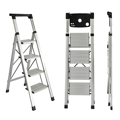 UZIRO Escalera Plegable 4 Peldaños, Escaleras Plegables de Aluminio Liviana, Porta Herramientas, Peldaños Anchos Antideslizantes, escadote para Trabajo, Compacta, Fácil de Utilizar (4 Peldaños)