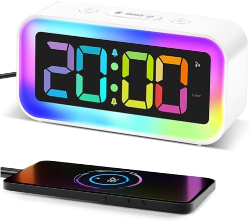 Digital Alarm Clock with RGB Night Lights & LED Large Display, 3 Volume Levels & Voice-activated, Power-Off Memory, Snooze, 12/24h, Mains Powered Only, Bedside Clock for Bedroom(Adapter Not Included)