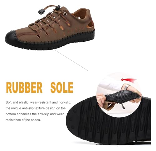 Stylish Summer Breathable Sandals for Men - Handmade Leather Anti-Slip Flat Closed Toe Waterproof Walking Shoes(Khaki,41)4