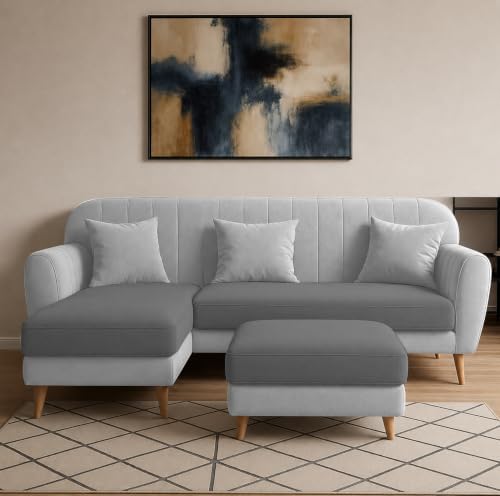 Image of Atticus LHS 4 Seater L Shape Sofa Set with Ottoman for Living Room (Grey & Dark Grey Fabric) Premium Fabric Sofa Set