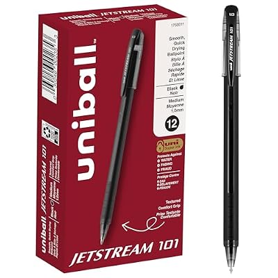 uniball™ Jetstream 101 Ballpoint Pens, Medium Point (1.0mm), Black, 12 Pack | Hybrid ink: gel smoothness with quick-dry speed, smudge-resistant for left-handed writers, soft textured comfort body