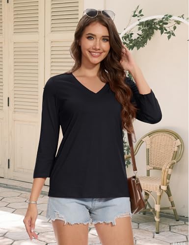 MAGCOMSEN 3/4 Sleeve T Shirts for Women V Neck Tshirts Cotton UPF50+ Summer Tops Casual T-Shirts Basic Tees 20254