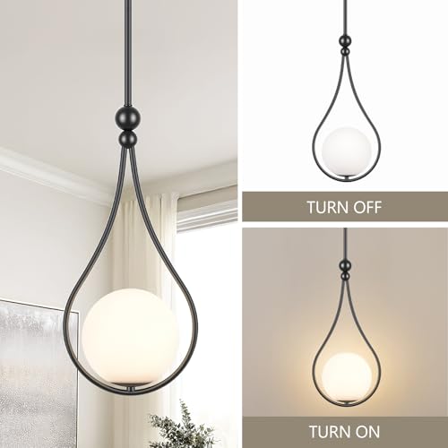 Image of Black Pendant Lights Kitchen Island with Milky White Globe Glass, 2 Pack | Mid Century Adjustable Hanging Pendant Light Fixtures