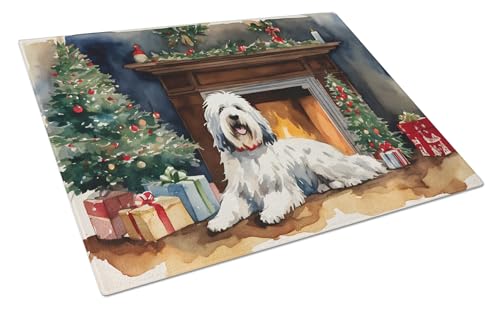 Caroline's Treasures DAC2716LCB Old English Sheepdog Cozy Christmas Glass Cutting Board Large Decorative Tempered Glass Kitchen Cutting and Serving Board Large Size Chopping Board