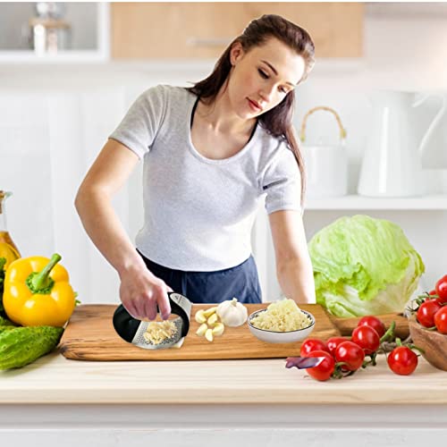 Garlic Press Crusher Rocker | Stainless Steel Garlic Press Mincer And Crusher Set With Bonus Drawstring Bag | Includes Garlic Crusher, Silicone Garlic Peeler And Brush | By Lah Kitchen #TOP4