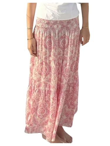 Milumia Women's Boho Floral Long Skirt Shirred High Waist Summer Vacation Flowy Maxi Skirts