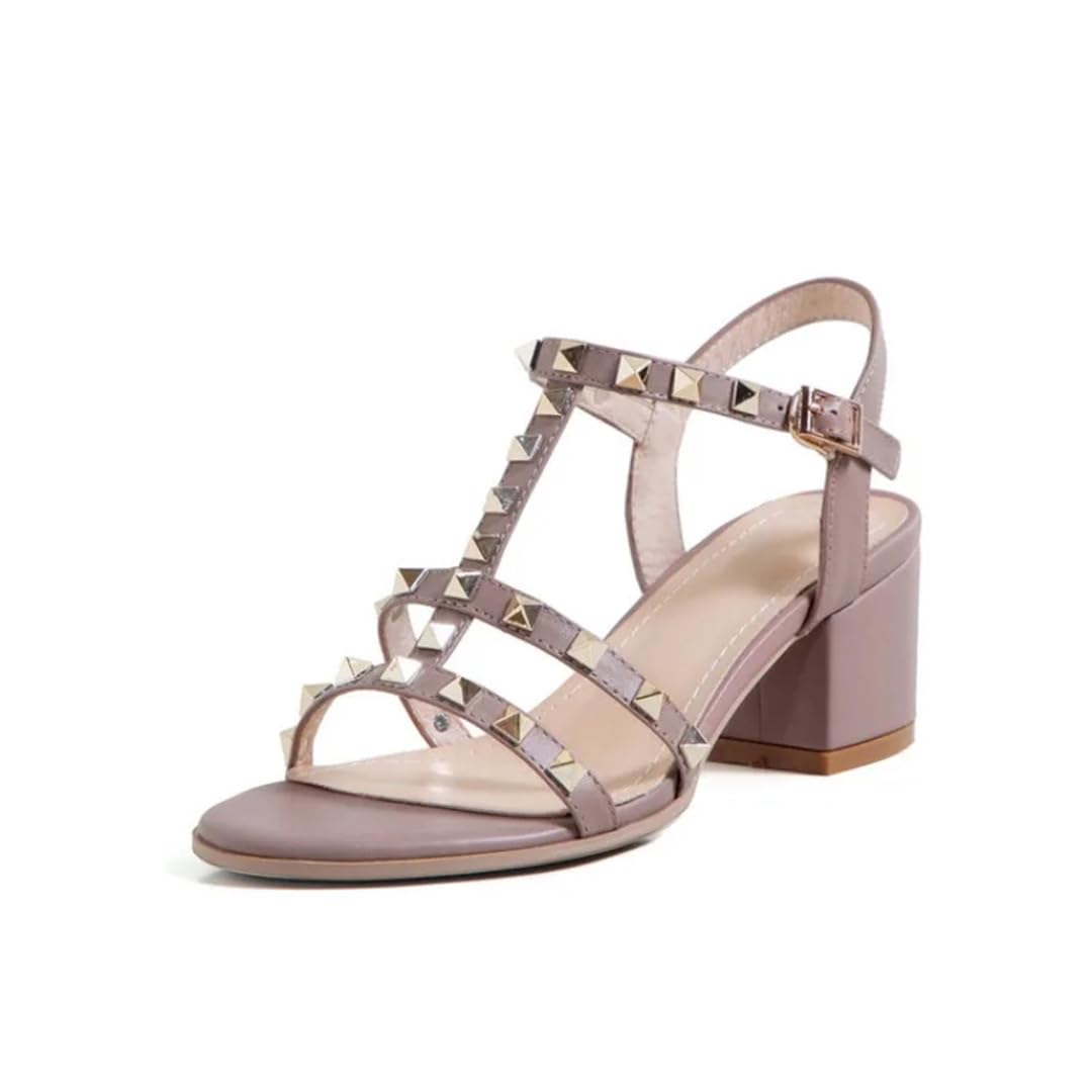 Sandalias punk con hebilla y correa al tobillo para mujer, tacón cuadrado, con tachuelas, de cuero, tachuelas, para oficina, carrera, tacón alto