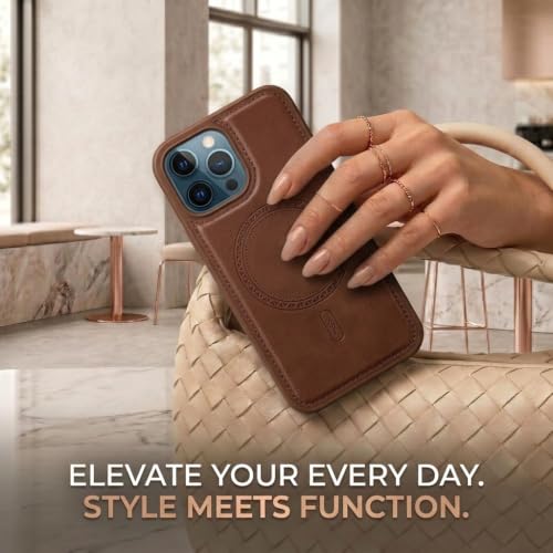 Image of amazon basics Premium PU Leather Case for iPhone 12 Pro Max, MagSafe Compatible Magnetic Ring, Sleek Protective Back Cover - [Brown]