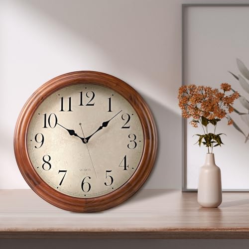 16 Inches Wooden Wall Clock with Retro Design, Large Round Wood Wall Clock with Big Arabic Numerals, Battery Operated Silent Non-Ticking Brown Clock for Living Room, Kitchen, Bedroom. - Image 4