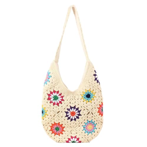 Rejolly Crochet Hobo Bag for Women Summer Vacation Beach Tote Handbags Boho Bohemian Ethnic Authentic Style Shoulder Purse Granny Square