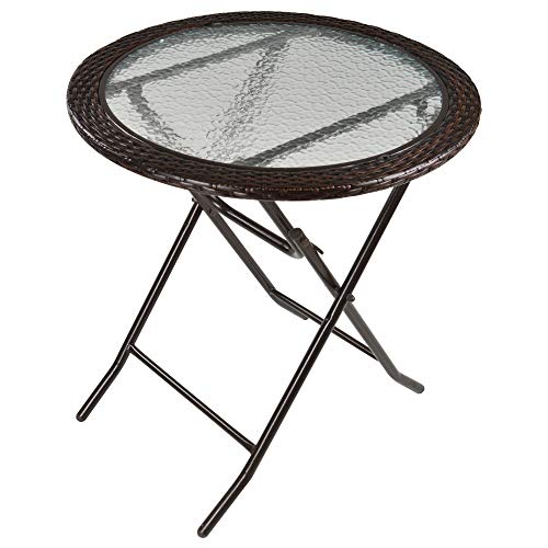 Table Ronde Bistro de Jardin Pliable dim. Ø 68 x 73H cm métal époxy résine tressée Chocolat Plateau Verre trempé