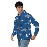 KATVEESC Men's Navy Blue Cartoon Sharks Print Hoodies Zip Up Sweatshirt Outerwear for Casual, Sport, Travel, Street, Office, Club