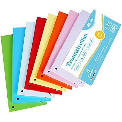 Trennstreifen bunt 200 Stück, 8 Sortiert Farben Register-Trenner Gelocht Recycelter Karton, 180 g/m² Bedruckbar Papier Karten für Sortieren Ordner Cover
