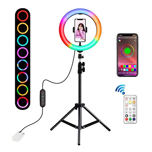 TEEKAR Anillo de luz RGB con Soporte y Soporte para teléfono, 10,2 Pulgadas, 26 Modos de luz, Anillo de luz LED para Selfie con Control Remoto, luz de transmisión Regulable alimentada por USB