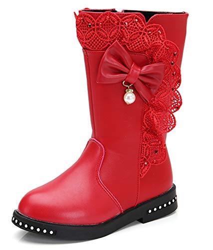 DADAWEN Girl's Waterproof Lace Bowknot Side Zipper Fur Lined Tall Winter Boots (Toddler/Little Kid/Big Kid) Red US Size 12 M Little Kid