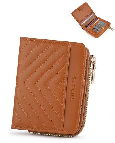Image of Small Bifold Wallets Woman RFID Mini Wallet for Women Slim Card Holder with Zipper Coin Pocket & 2 ID Windows (Brown)