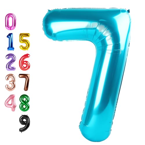 Image of Number Balloons 7 Balloon Light Blue for 7th Birthday Decoration, 40 inch | Saturated Color, Large 40 in, With Inflation Straw & Hanging Hole, Great for Men's Party, Back-To-School Season, Pool Party