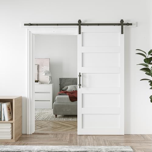 COSHOMER 42in x 84in Sliding Barn Door with 7ft Barn Door Hardware Kit & Handle, Pre-Drilled Holes Easy Assembly -Solid Barn Door Slab Covered with Water-Proof PVC Surface, White, 5 Panel