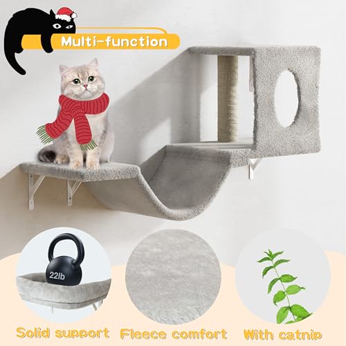 NUNU LAB Cat Wall Shelves, 6 Pcs Luxury Wall-Mounted Cat Climber Set, Indoor Cat Furniture with 1 Cat Condos House, 2 Cat Wall Shelves, 1 Cat Scratching Post, 1 Cat Bridge Ladder (GEIGE) - Thumbnail 4
