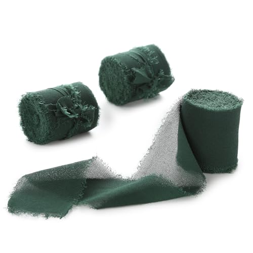 Dark Green Chiffon Ribbon 3 Rolls 1.5 inch X 5 Yard Forest Green Handmade Frayed Edges Chiffon Ribbon Set for Gift Wrapping Christmas Decor