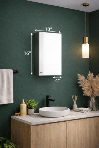 Image of Stainless Steel Bathroom Mirror Cabinet 10x16 inch - Wall Mount Rustproof Storage Organizer with Mirror Door for Wash Basin, Kitchen & Bedroom Accessories