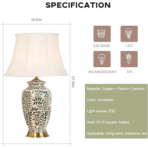 LCSMVLQ Ceramic Table Lamp, Rustic Vintage Tall Coastal Bedside Lamp, Ceramic Lamp Body with Fabric Tapered Drum Shade for Living Room Bedroom House Bedside Nightstand Home - Image 7