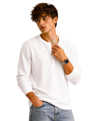 Image of AUSK Men's Waffle Knit Henley T-Shirt | Cotton Blend Full Sleeve Textured Casual T Shirt | Regular Fit Button Placket Round Neck Tshirt for Men