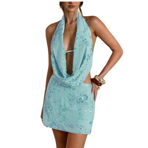 Women Sequin Sparkly Mini Skirt Set Sexy Backless Halter Top Beaded Short Skirt Set Y2k 2 Piece Glitter Outfits