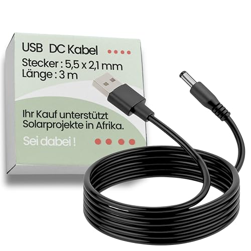 Villageboom 3m Allzweck-USB-zu-DC-Kabel für vielseitige Anwendungen, USB A auf DC Stecker - 5,5 mm x 2,1 mm, Power-Ladekabel, Schwarz, 5,5/2,1mm DC-Hohlstecker