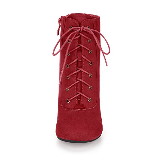 Allegra K Women Round Toe Chunky High Heel Lace Up Red Booties 7 M US