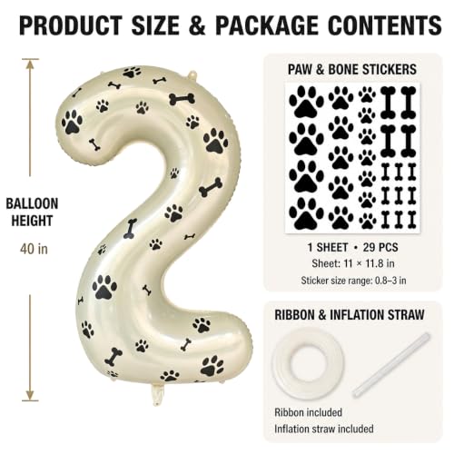 Image of 40 Inch Cream Beige Number 2 Foil Balloon DIY with Dog Paw Bone Stickers