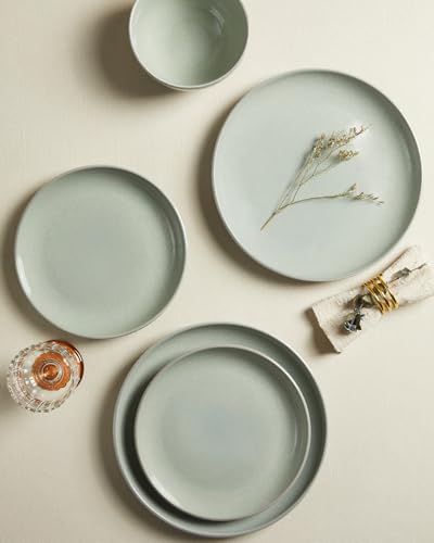 Image of Pokini 18 Piece Dinnerware Set for 6, Reactive Glaze Terracotta Plates and Bowls Set, Large Family-Sized Stoneware Dish Set for Gatherings, Chip and Scratch Resistant, Slate Green